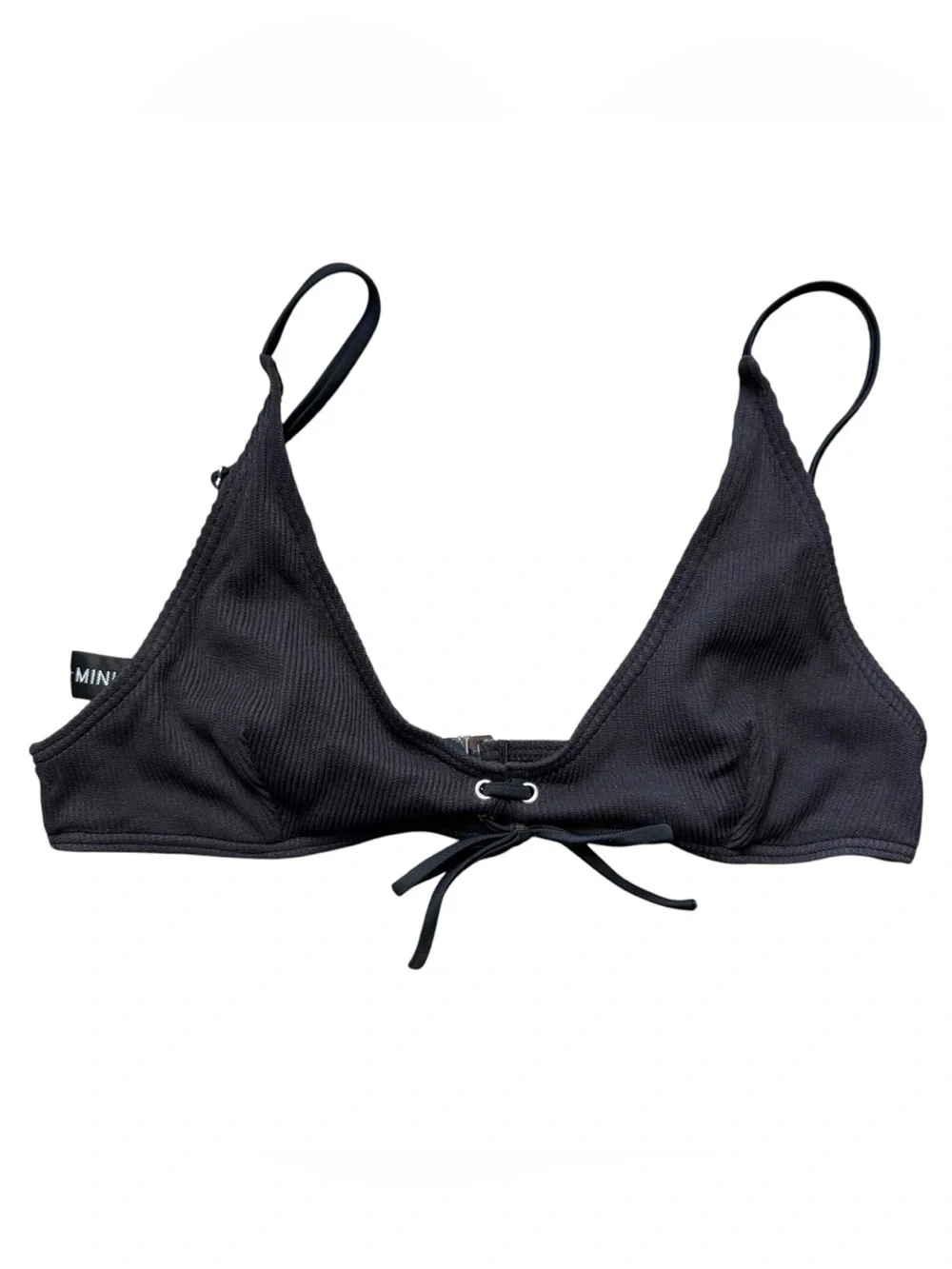 MINKPINK Kylie Black Ribbed Triangle Bikini Top with Front Tie Size L